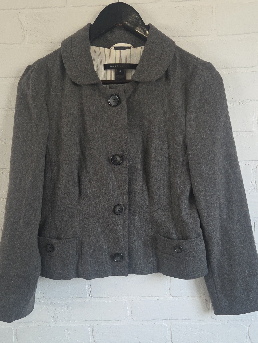 Marc Jacobs Charcoal Gray Wool-Blend Rounded Collar Jacket